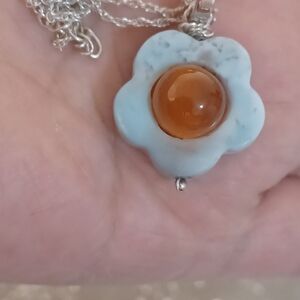 925 Sterling Silver 100% Larimar And Ambar Flower Pendant Necklace